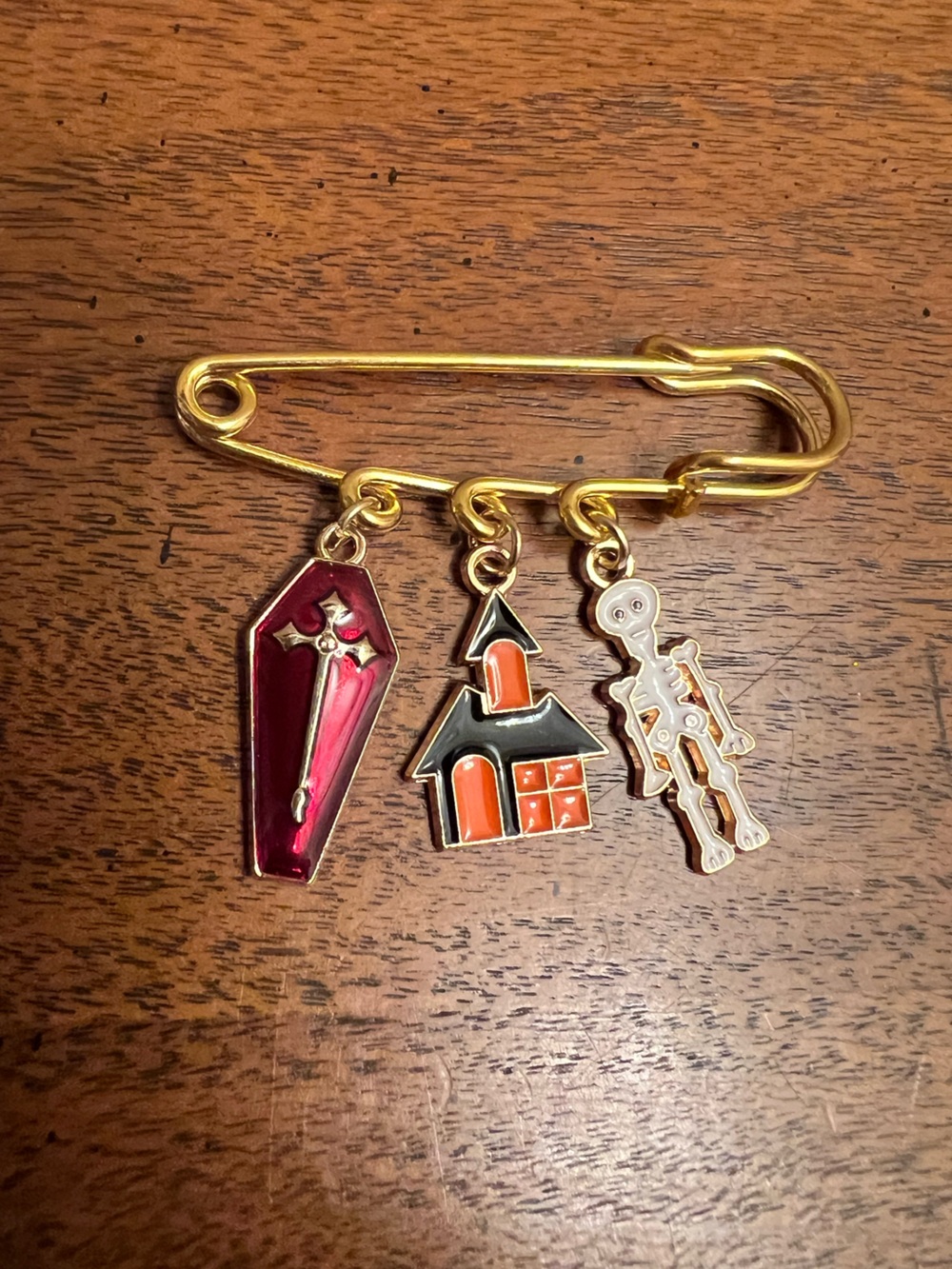 Gold Halloween Charm Brooch with Red Coffin, Orange House & White Skeleton